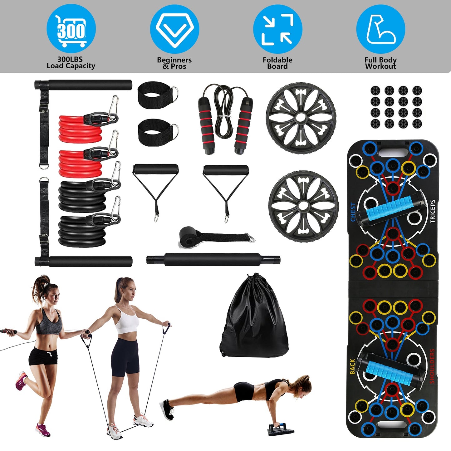 Multifunctional Push Up Board with 15 Fitness Accessories - Black