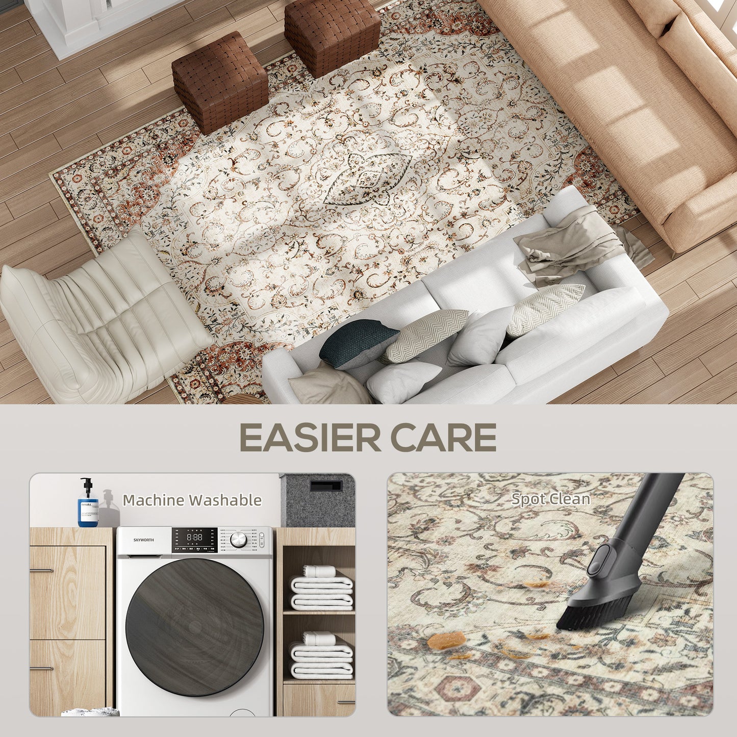 Machine Washable Floral Area Rug 8x10 - Non-Slip Mixed-Brown