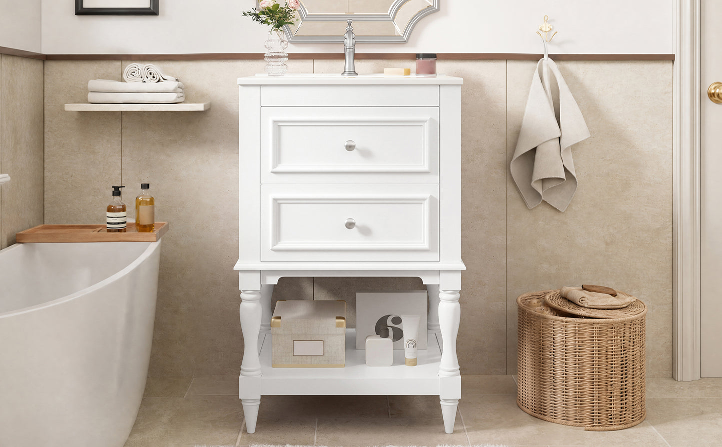 20'' White Bathroom Vanity with Ceramic Sink & Storage Cabinet