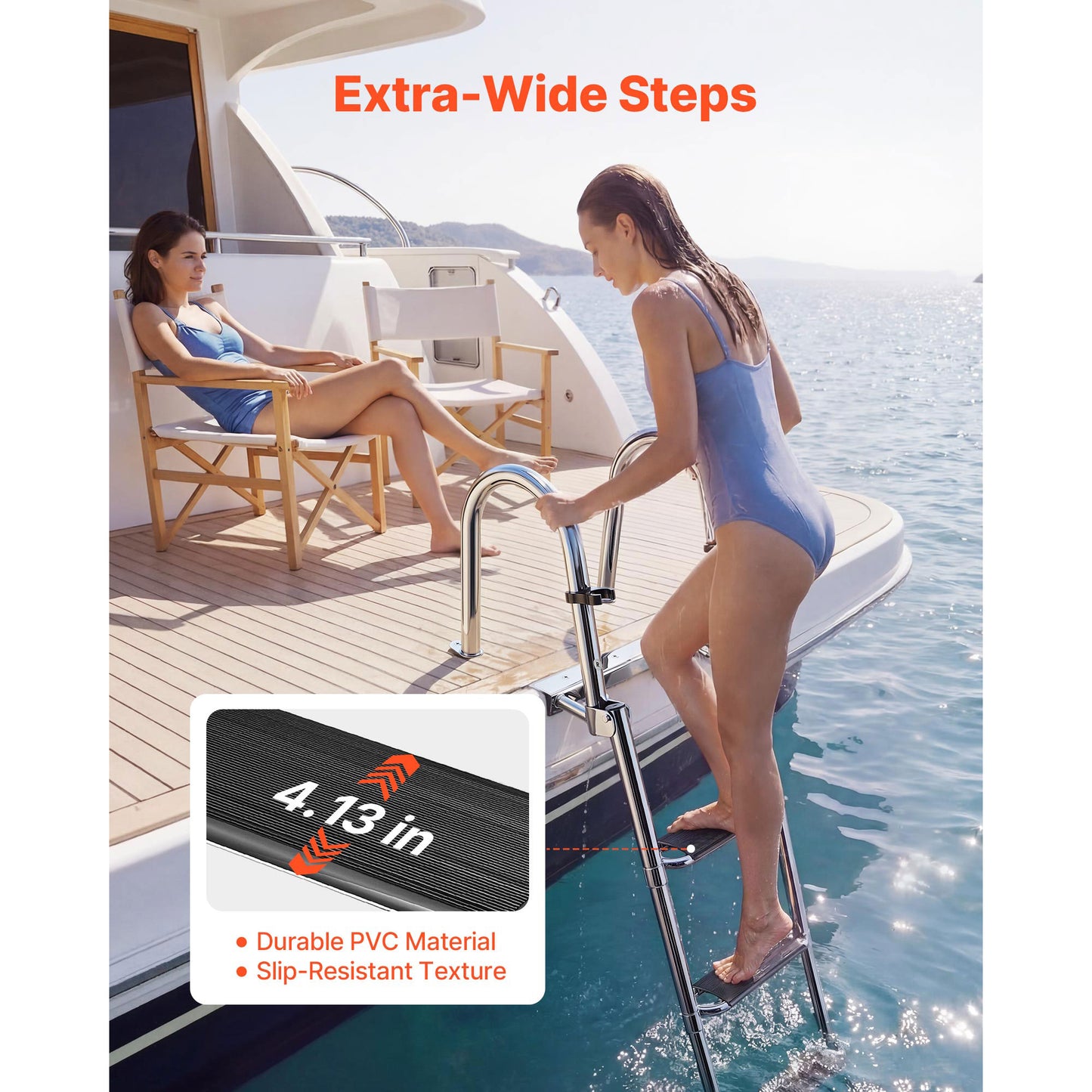 Stainless Steel Boat Ladder 4 Steps Telescoping Foldable Swim Deck Ladder with Handrails, Wide Anti-Slip Steps, 600lbs Capacity