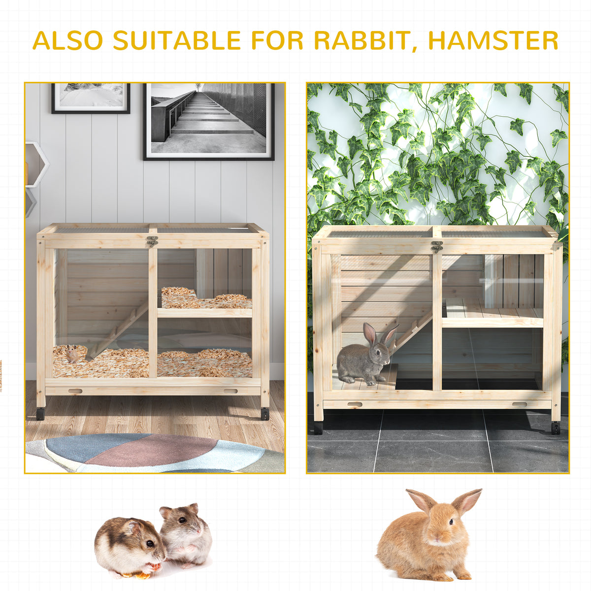 Wooden Rabbit Hutch with Wheels, Openable Roof, Waterproof Small Animal Cage