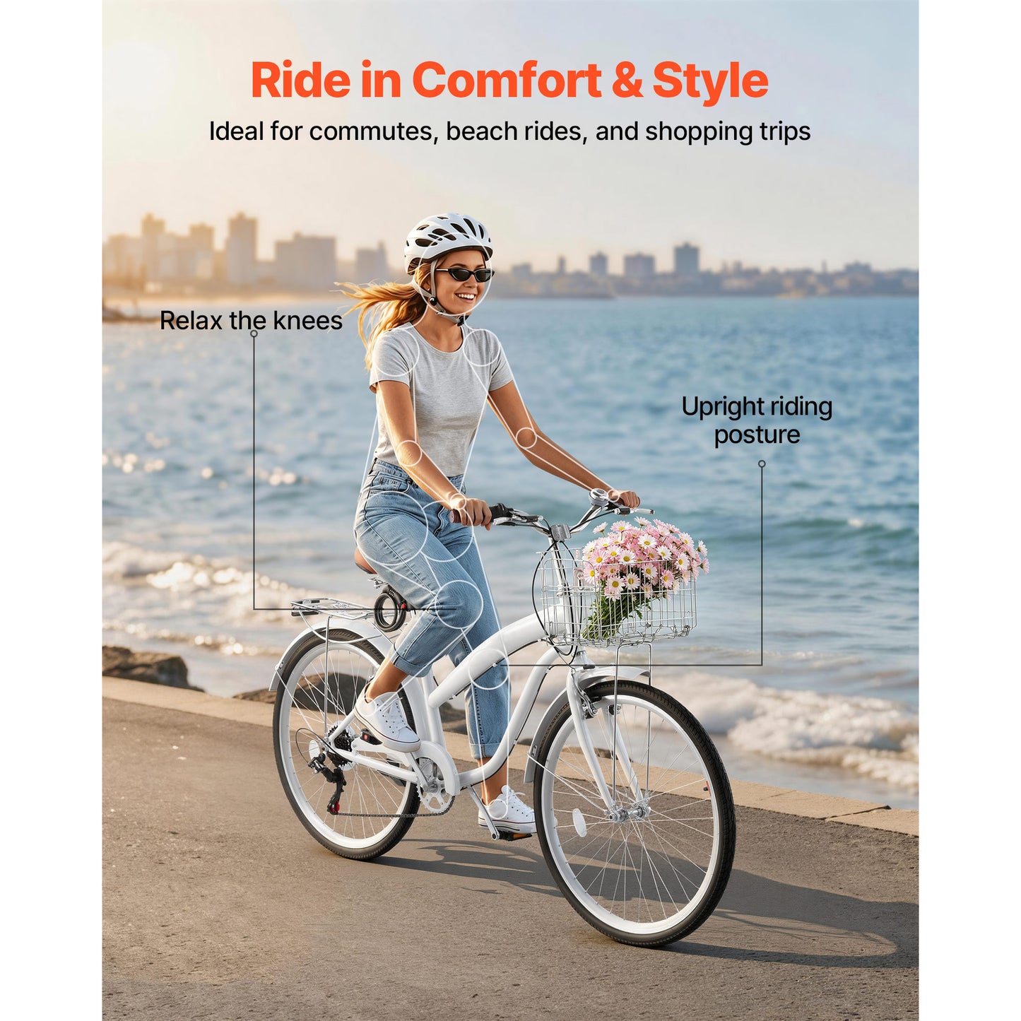 Women’s 26 Inch Beach Cruiser Bike - 7-Speed City Bicycle with Basket & Rear Rack