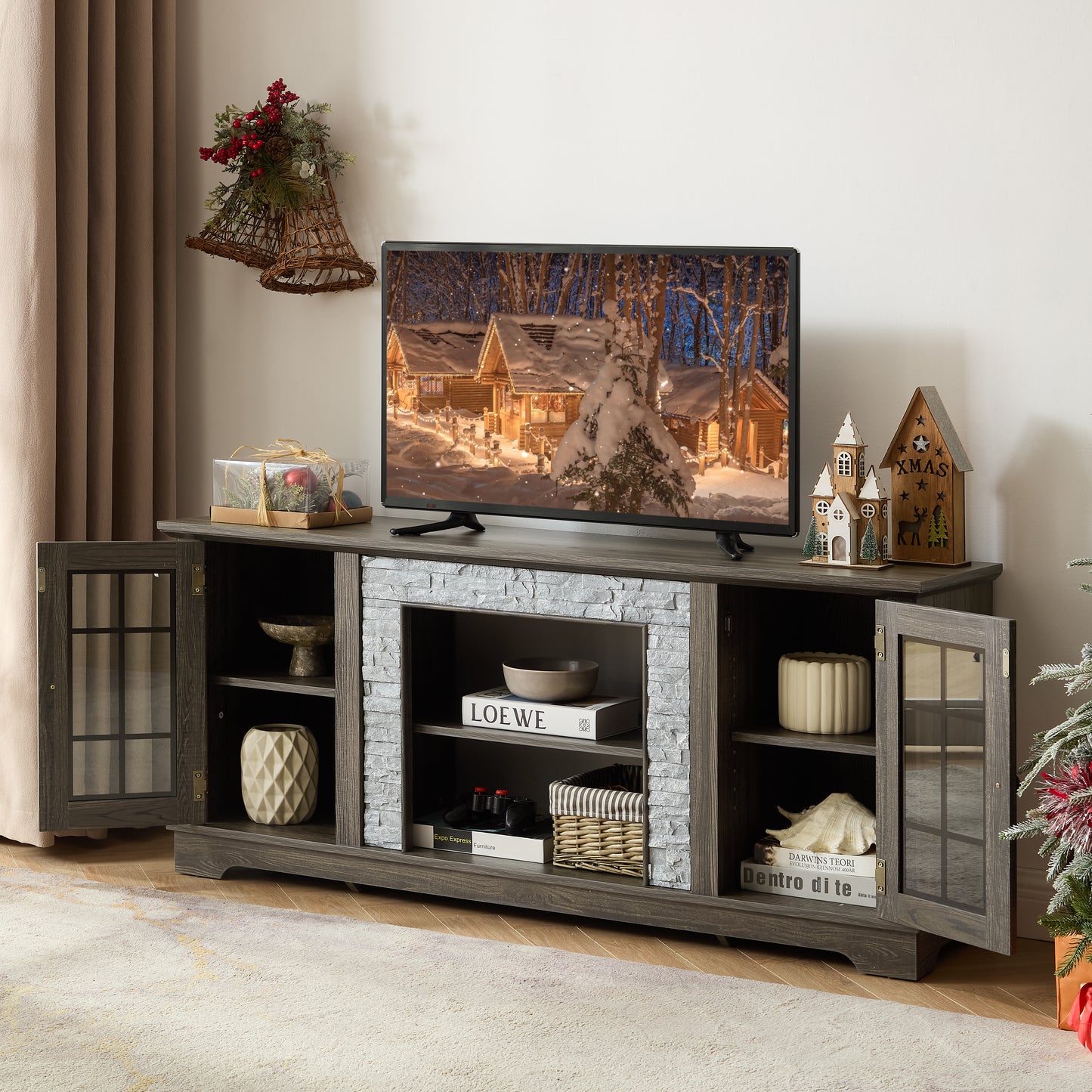 58 Modern TV Stand With 2-Door Storage, Faux Stone Media Console
