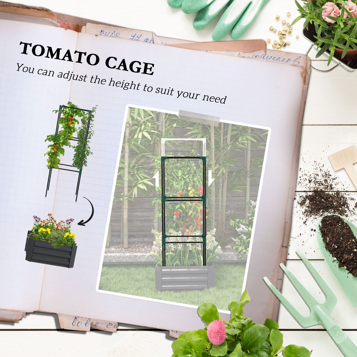 Galvanized Raised Garden Bed with Tomato Cage - 24x24x55 Inches, Dark Gray