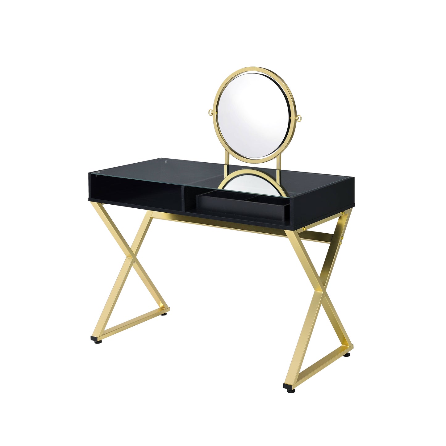 Black & Gold Finish Vanity Desk with Mirror & Jewelry Tray