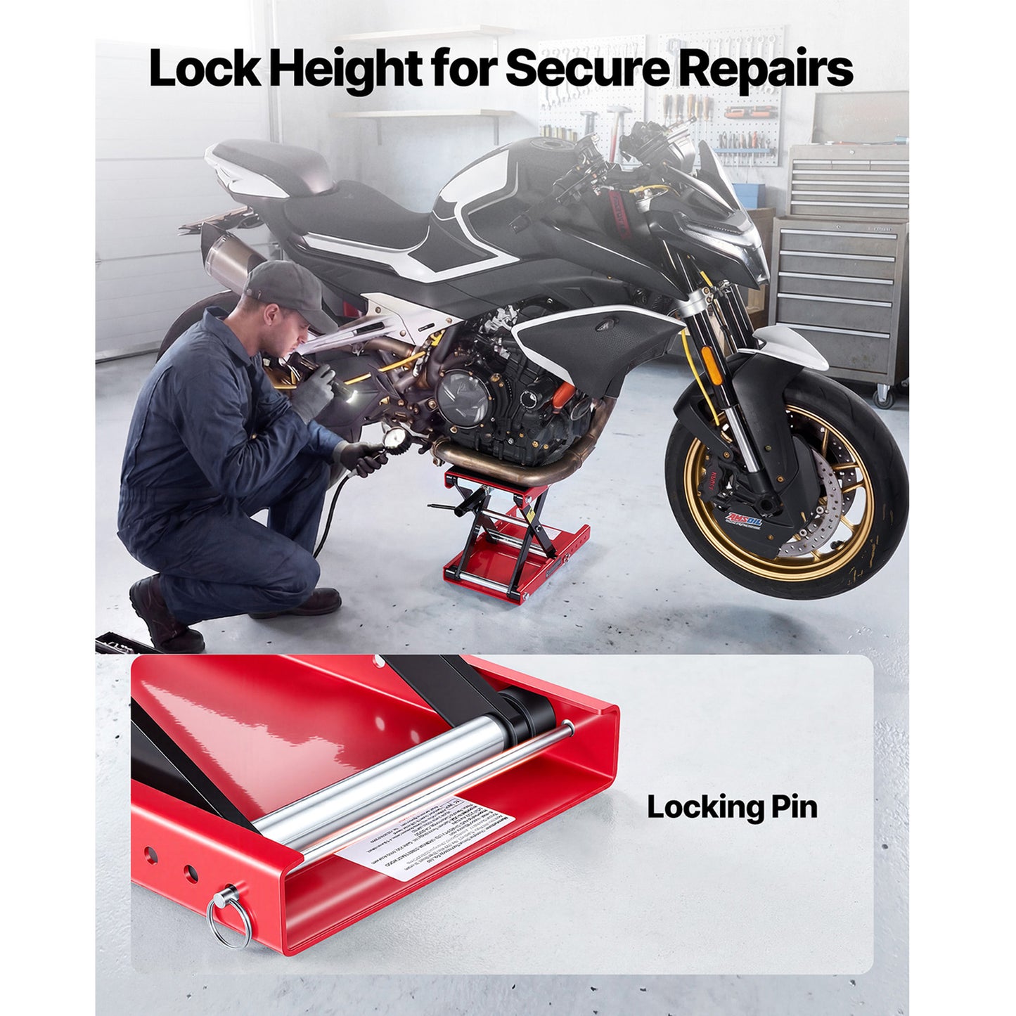 Motorcycle Lift Jack 1100 Lb Steel Scissor Stand with Wide Deck & Lock Pin