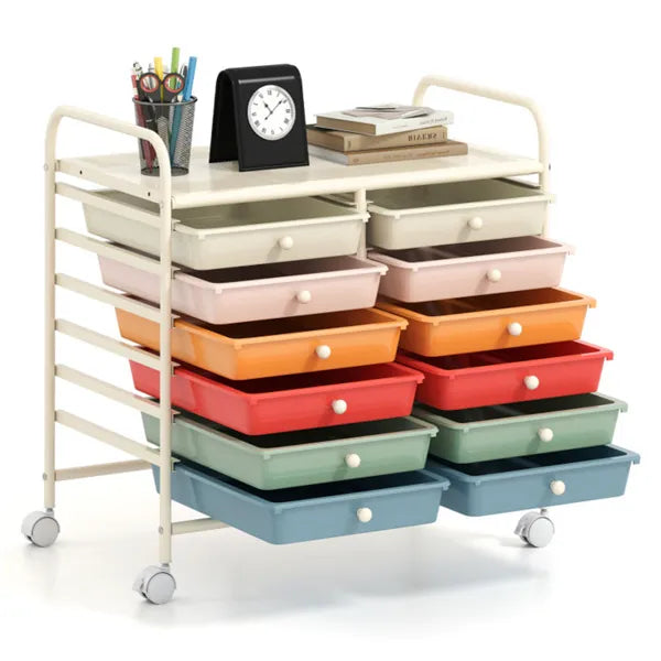 12-Drawer Rolling Storage Cart - 2-Row 10-Storey, Multicolor Drawers,