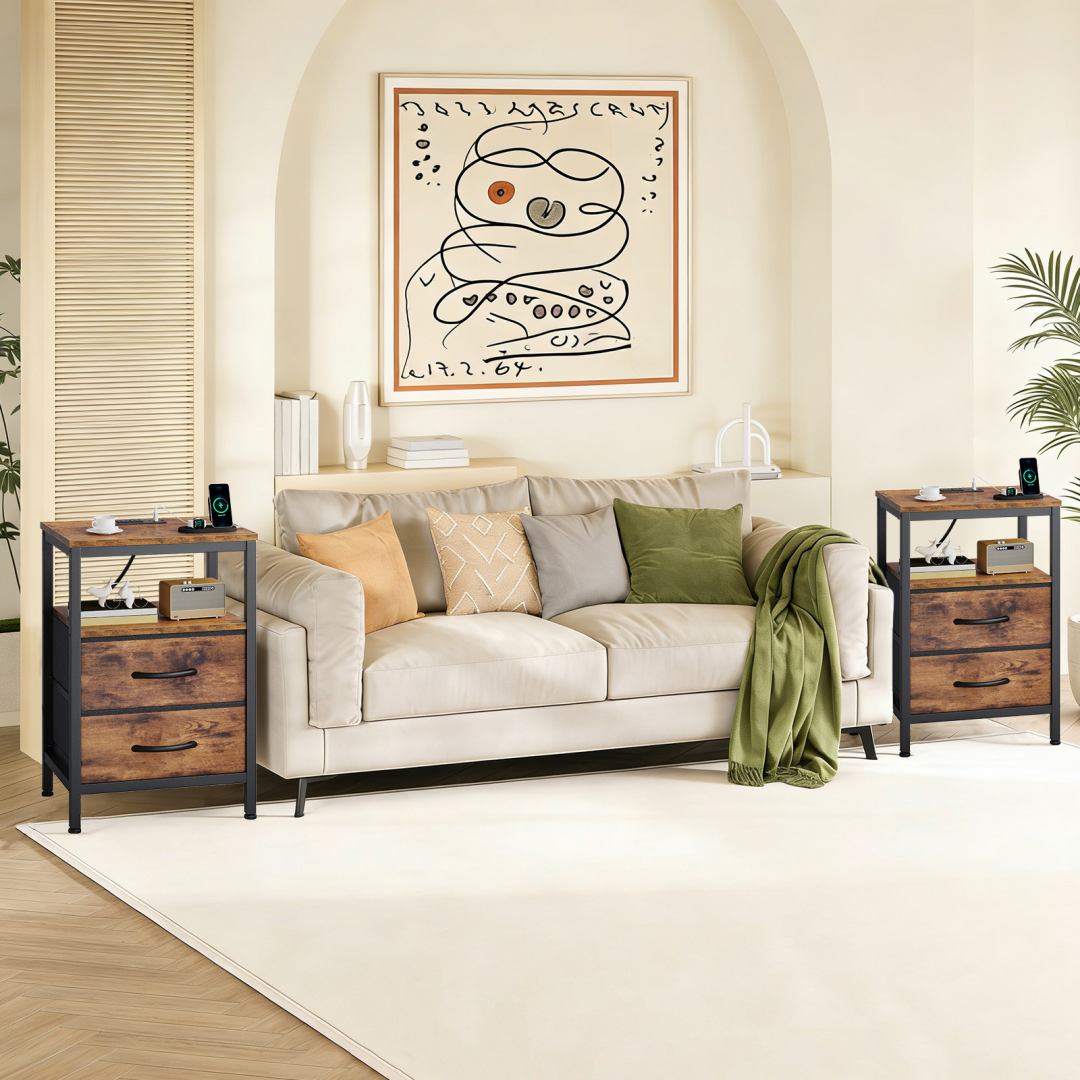 Compact Bedside Table with Charging Station and 2 Drawers - Brown