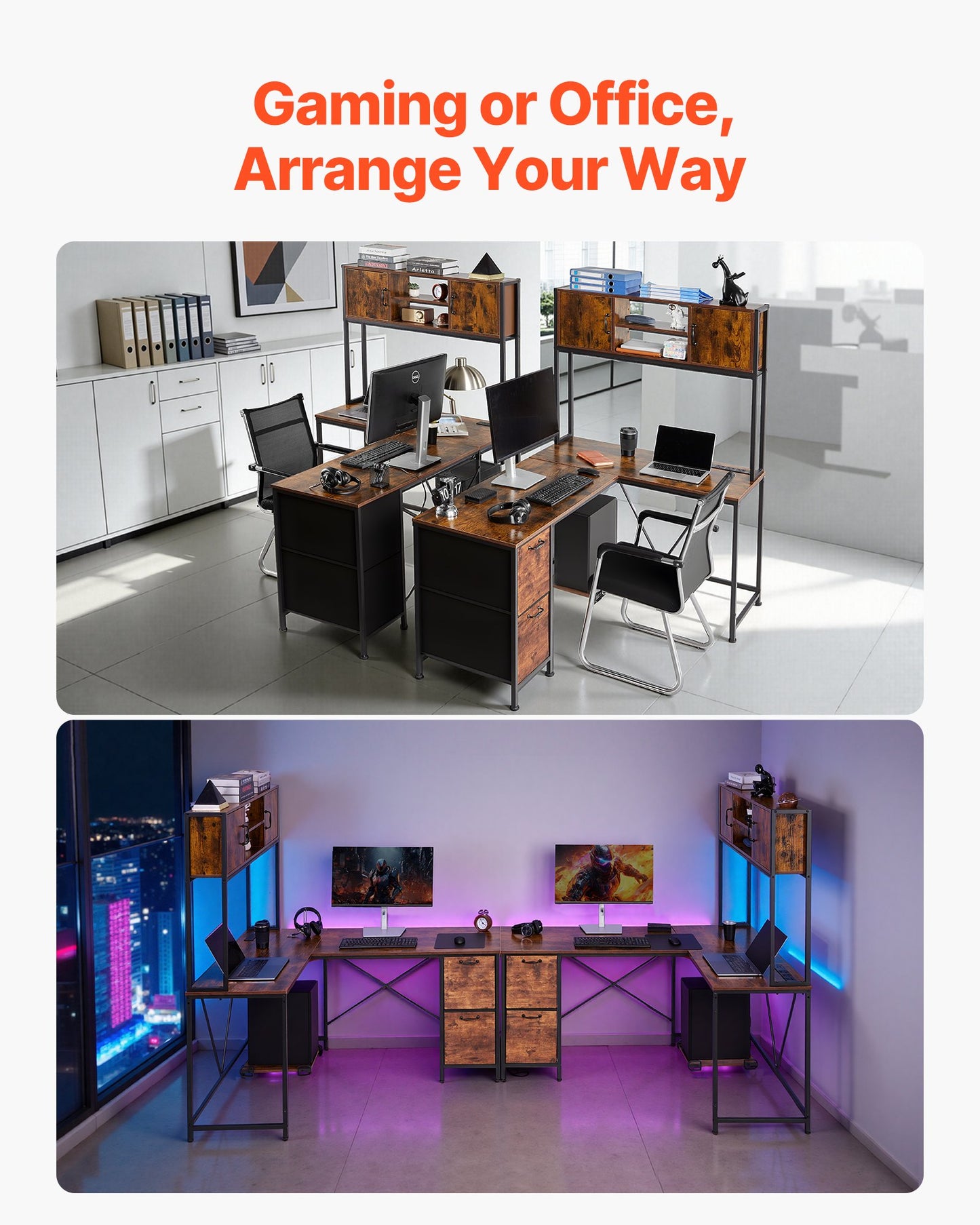 L-Shaped Gaming Desk with LED RGB Lights, Reversible Corner Computer Table, Power Outlets, Storage Drawers