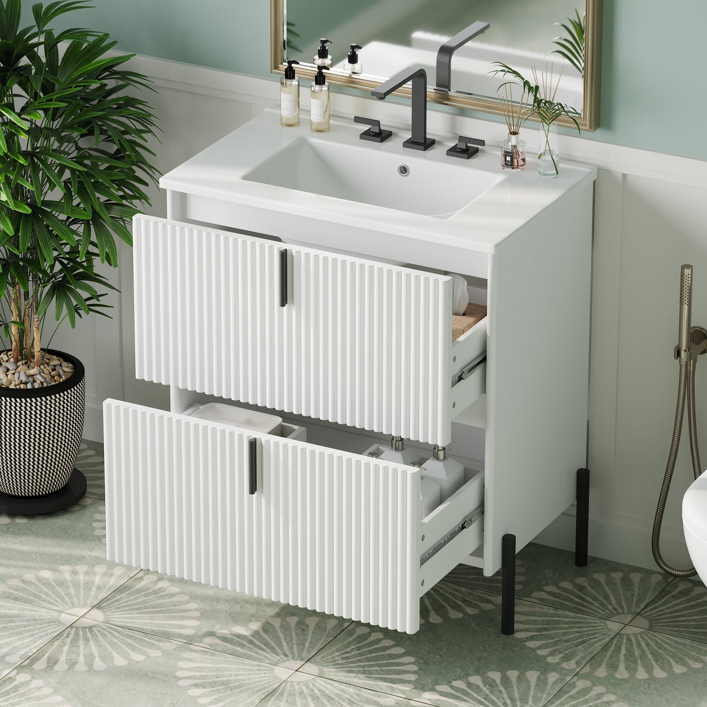 30" White Bathroom Vanity with Ceramic Sink & Full-Extension Drawers