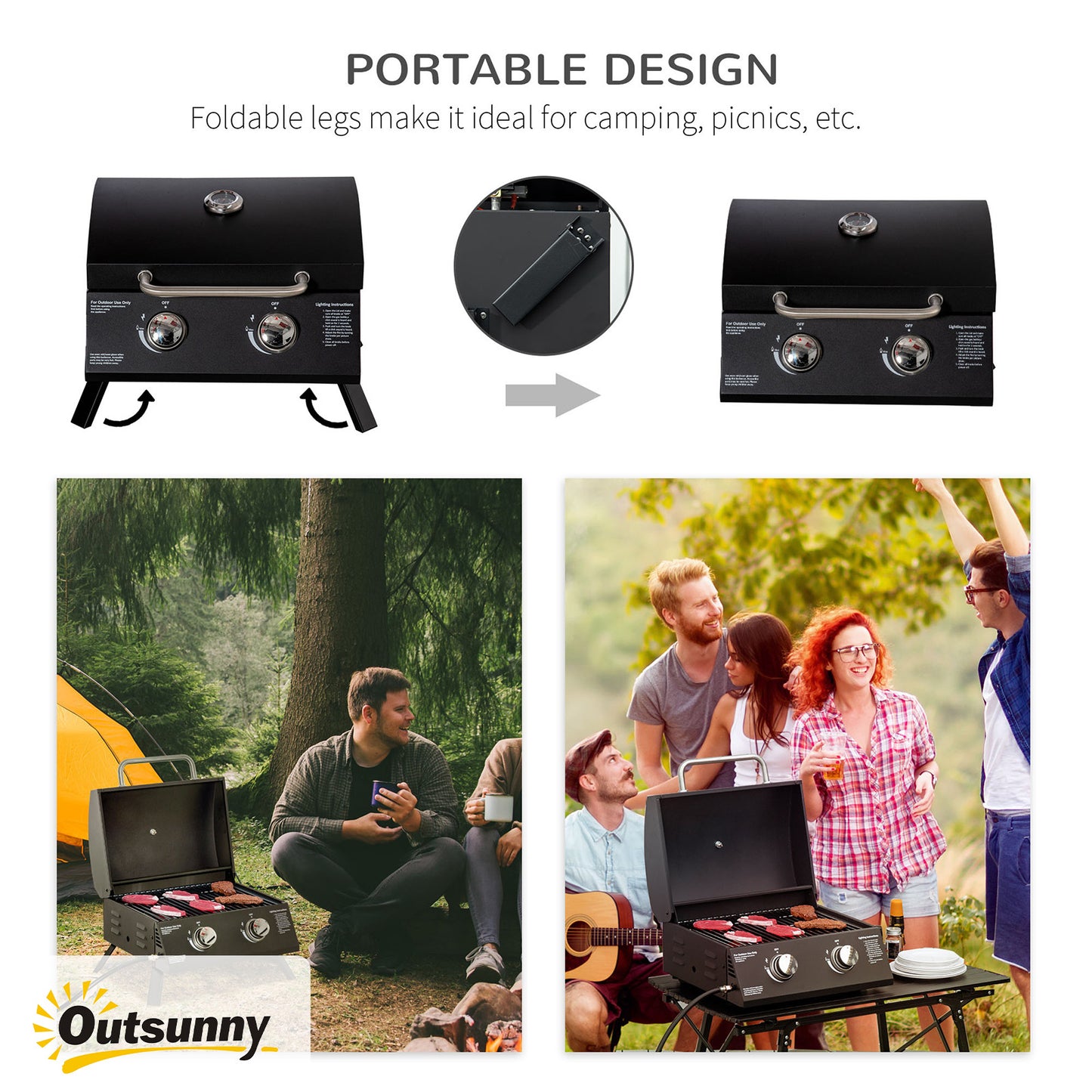 Portable Charcoal BBQ Grill with 2 Burners, Thermometer & Ashtray