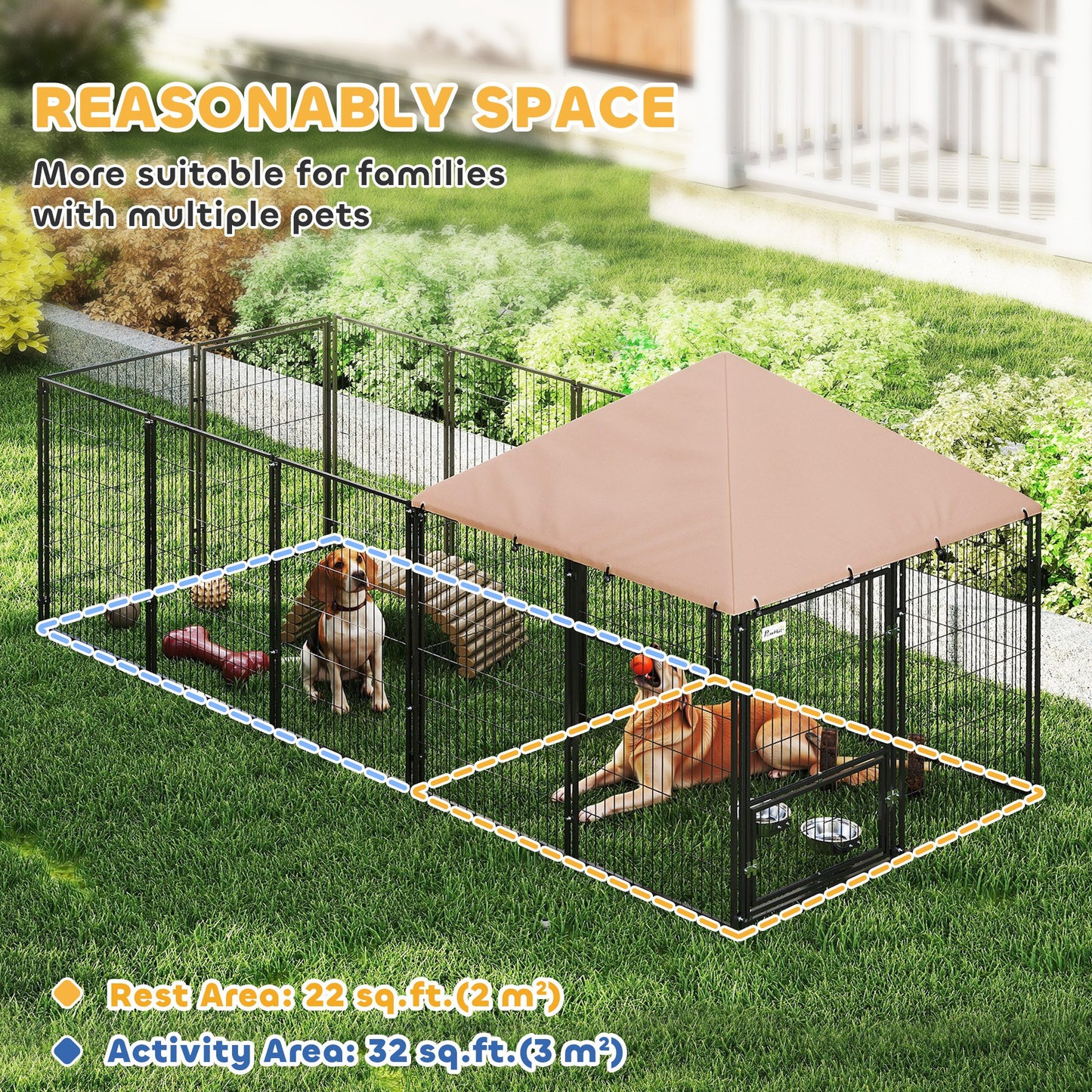 Large Outdoor Dog Kennel with Rotating & Adjustable Bowls, Waterproof Canopy