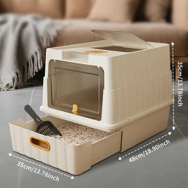White Cat Litter Box with Drawer Style Design, Spacious & Hygienic