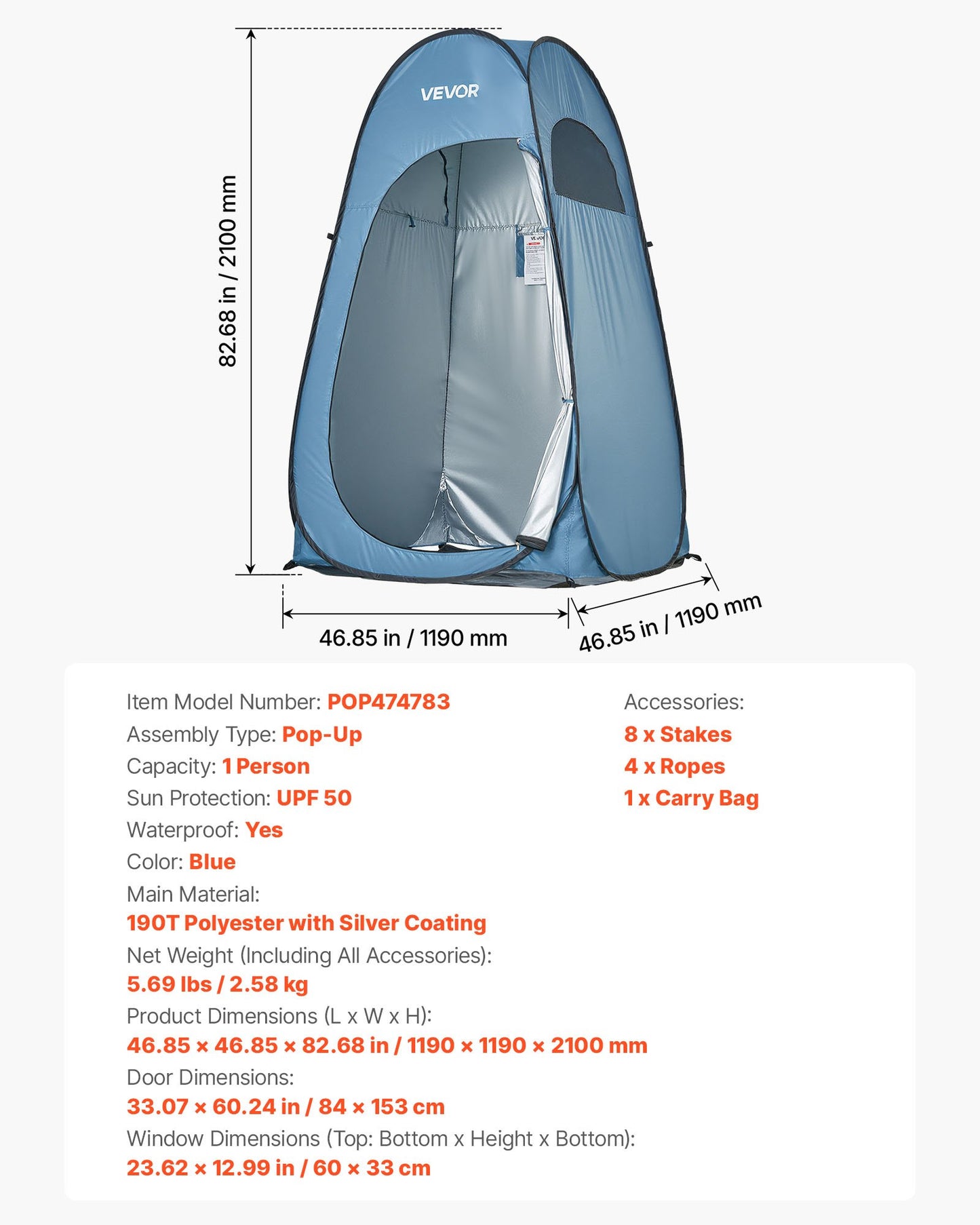 Portable Pop Up Shower Tent with Ground Stakes & Carry Bag - Waterproof Outdoor Privacy Enclosure, Blue