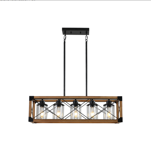 32 Inch Walnut and Black Farmhouse Pendant Light with 5 Lampshades - Ceiling Lighting Fixture for Kitchen & Dining