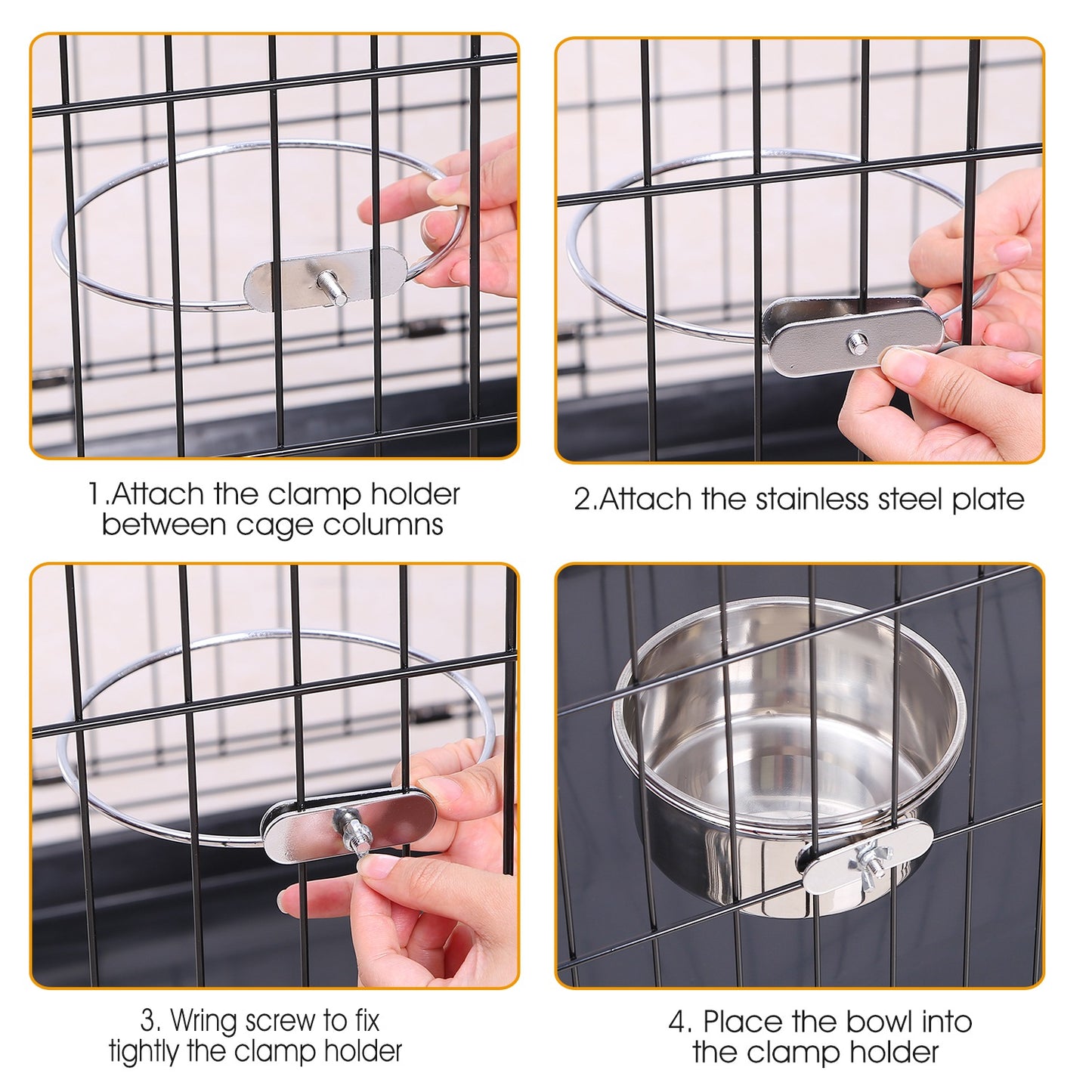 Stainless Steel Dog Bowls with Clamp Holder - Detachable Food & Water Dish for Cages
