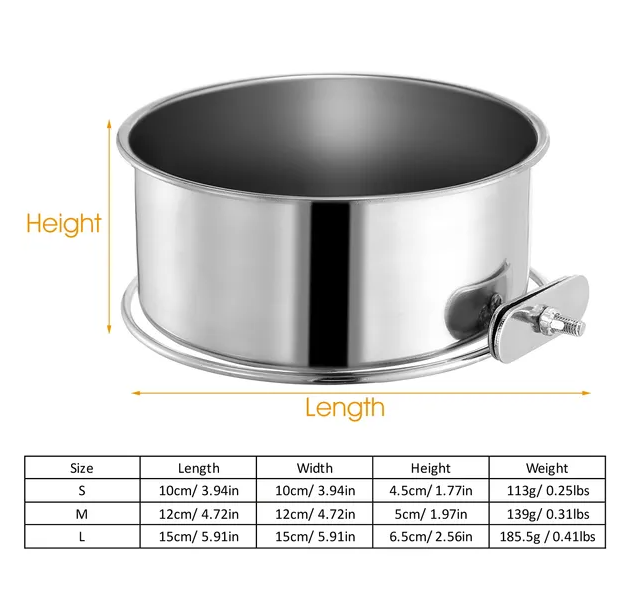 Stainless Steel Pet Food Bowl for Dogs & Cats, Detachable Cage Mount - Medium