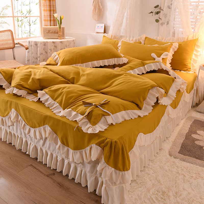 Luxury Four-Piece Lotus Leaf Lace Bed Sheet Duvet Cover Set with Bed Skirt