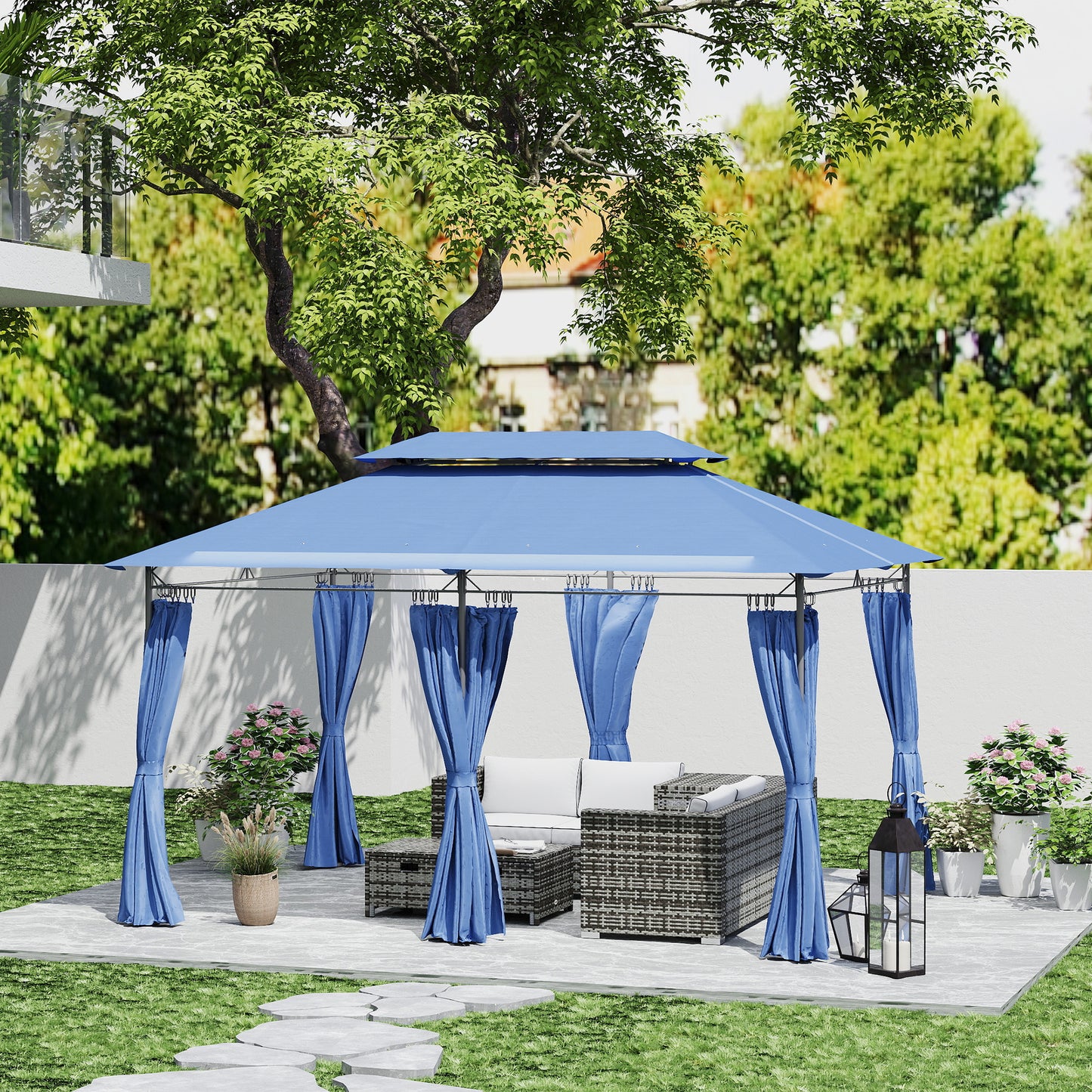 Outdoor Gazebo with Curtains - 10x13 Double Roof, Dark Blue