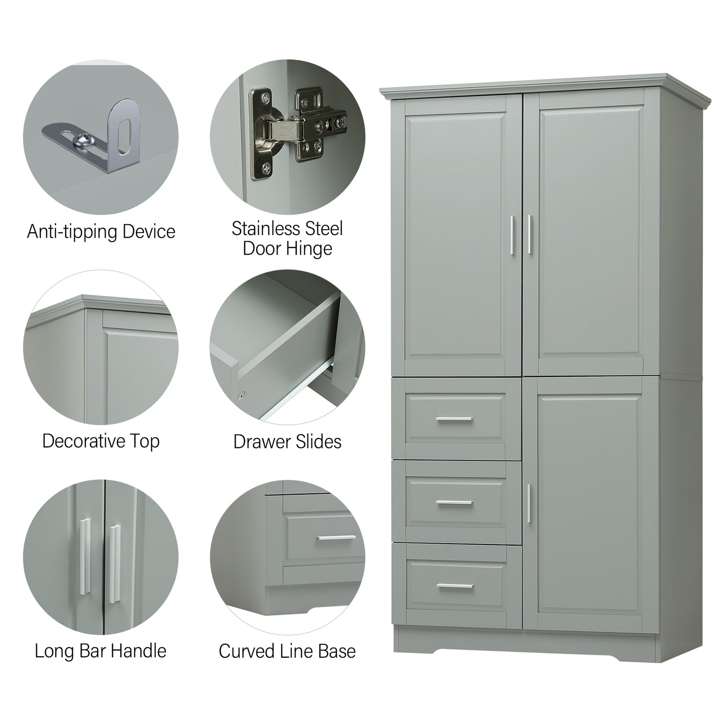 Tall Grey Storage Cabinet with Doors & Three Drawers for Office/Bathroom