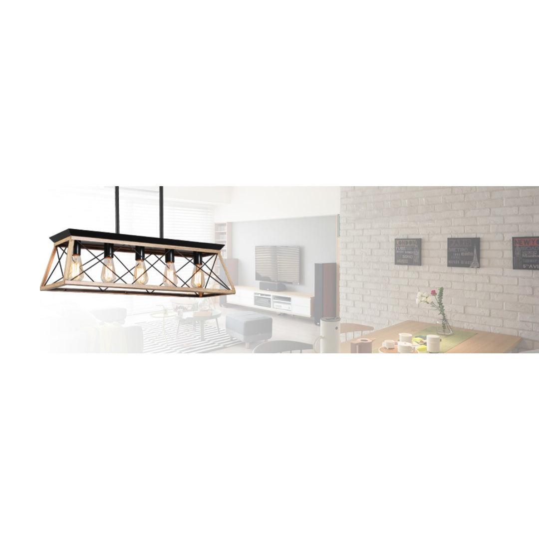 32-Inch Oak Industrial 5-Light Pendant Chandelier - Adjustable