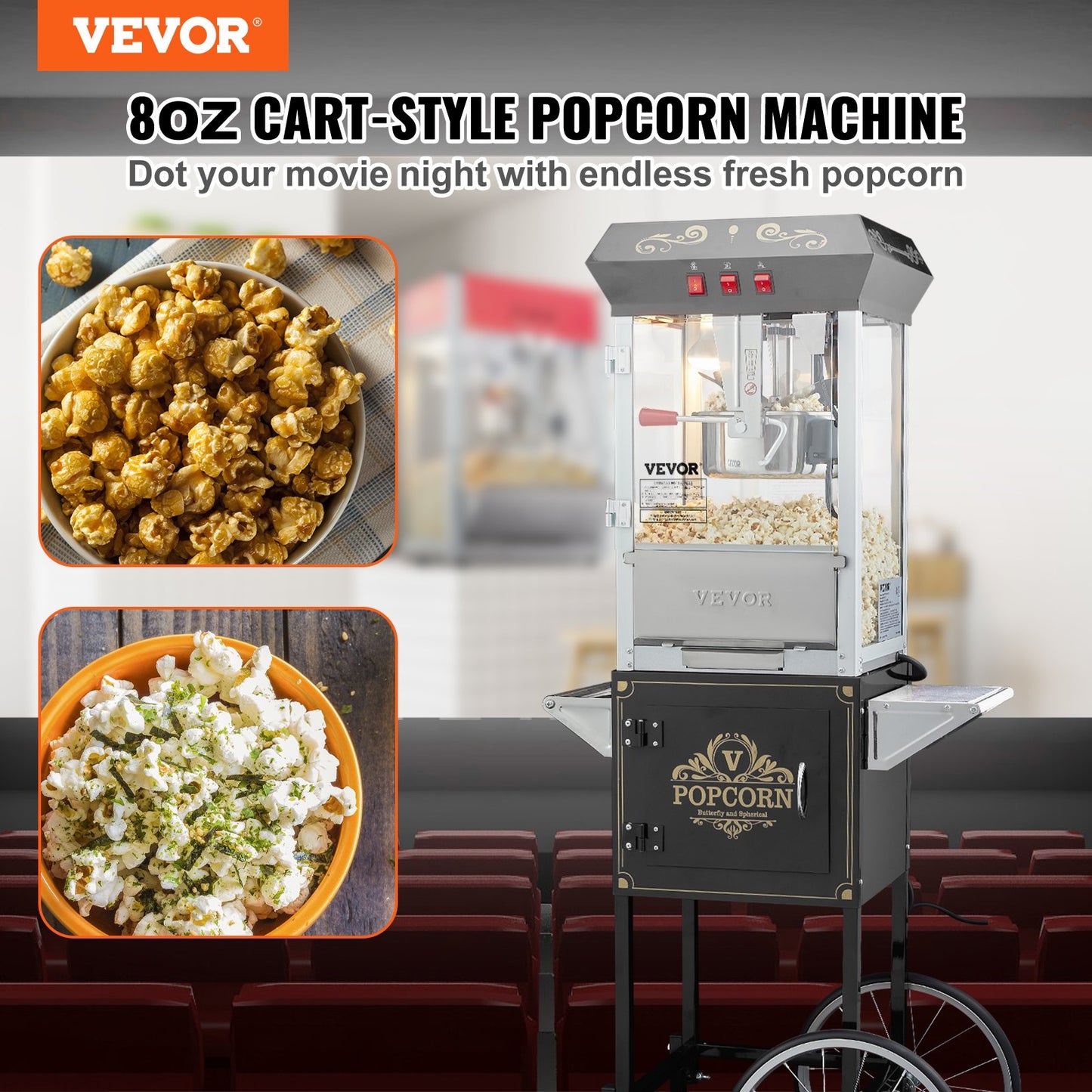 Commercial Popcorn Maker with Cart 850W 8 Oz Capacity for Events & Stores