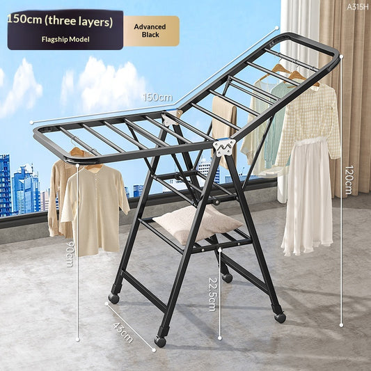 1.5m Black Double-Layer Folding Clothes Drying Rack for Balcony Indoor Use