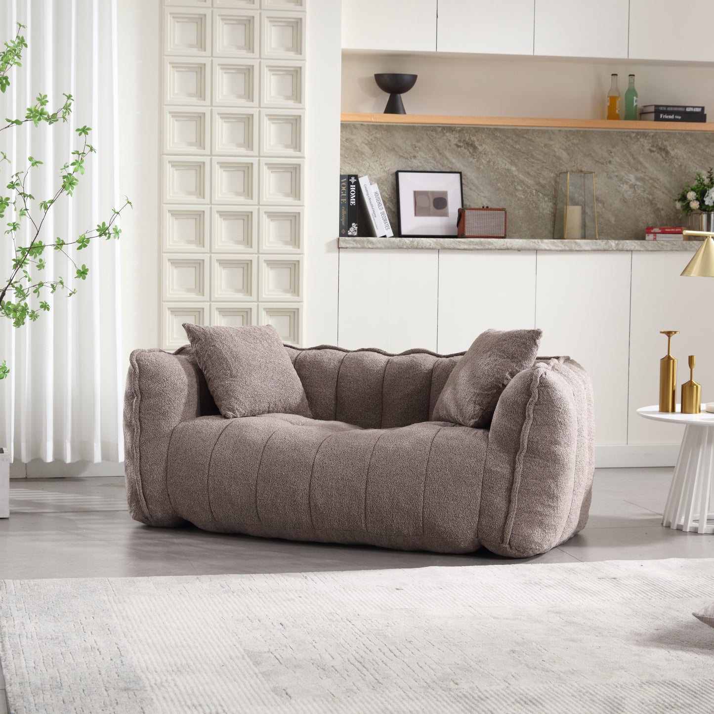 Comfortable Brown Beanbag Chair for Two - Chenille Foam Sofa