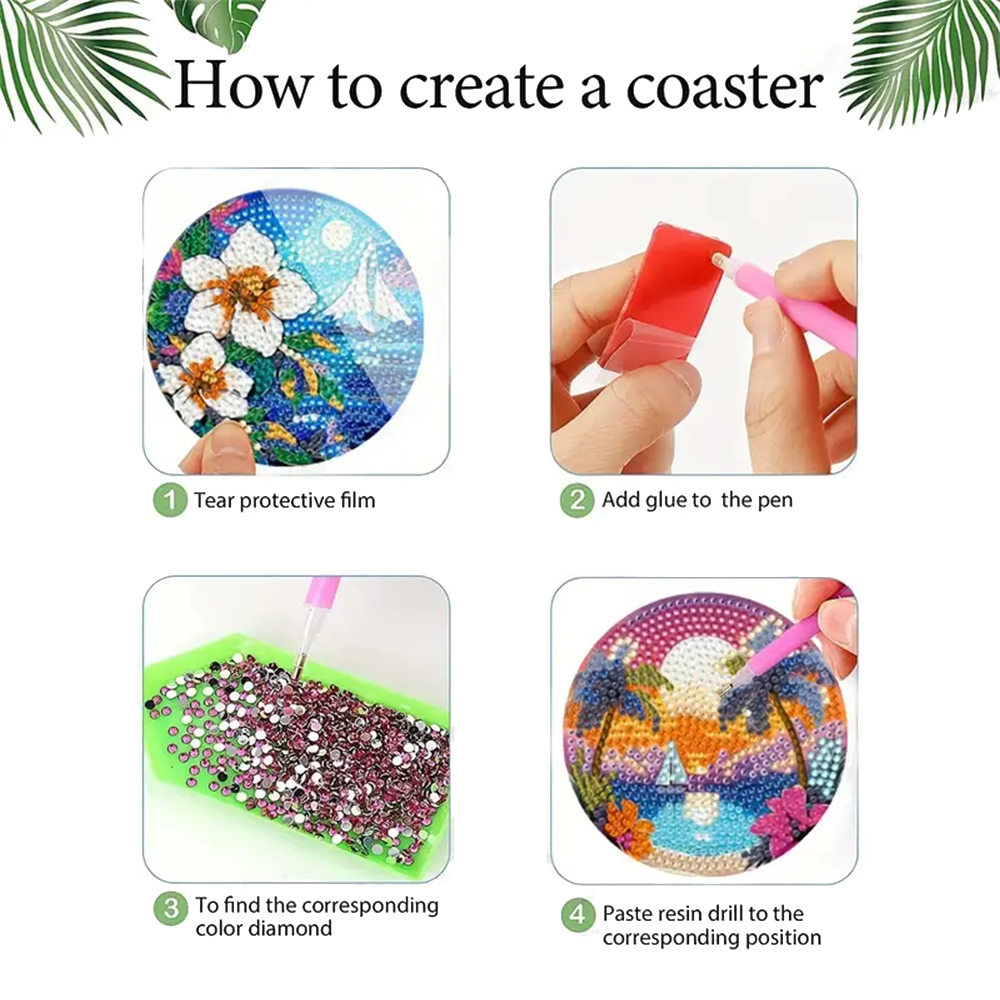 DIY Diamond Art Coaster Kit with Holder - Landscape Pattern, for Adults & Beginners
