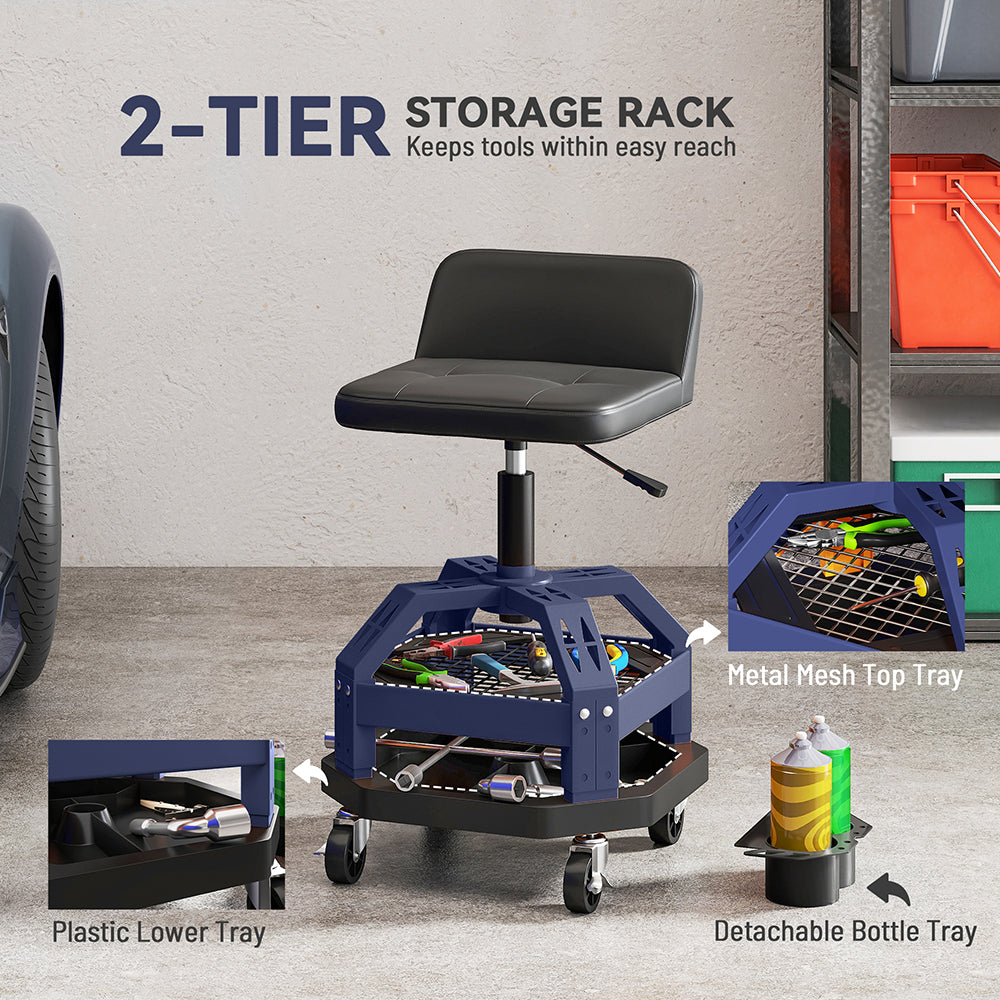 Adjustable Height Rolling Garage Stool with Tool Tray - 300 LBS Capacity, Blue