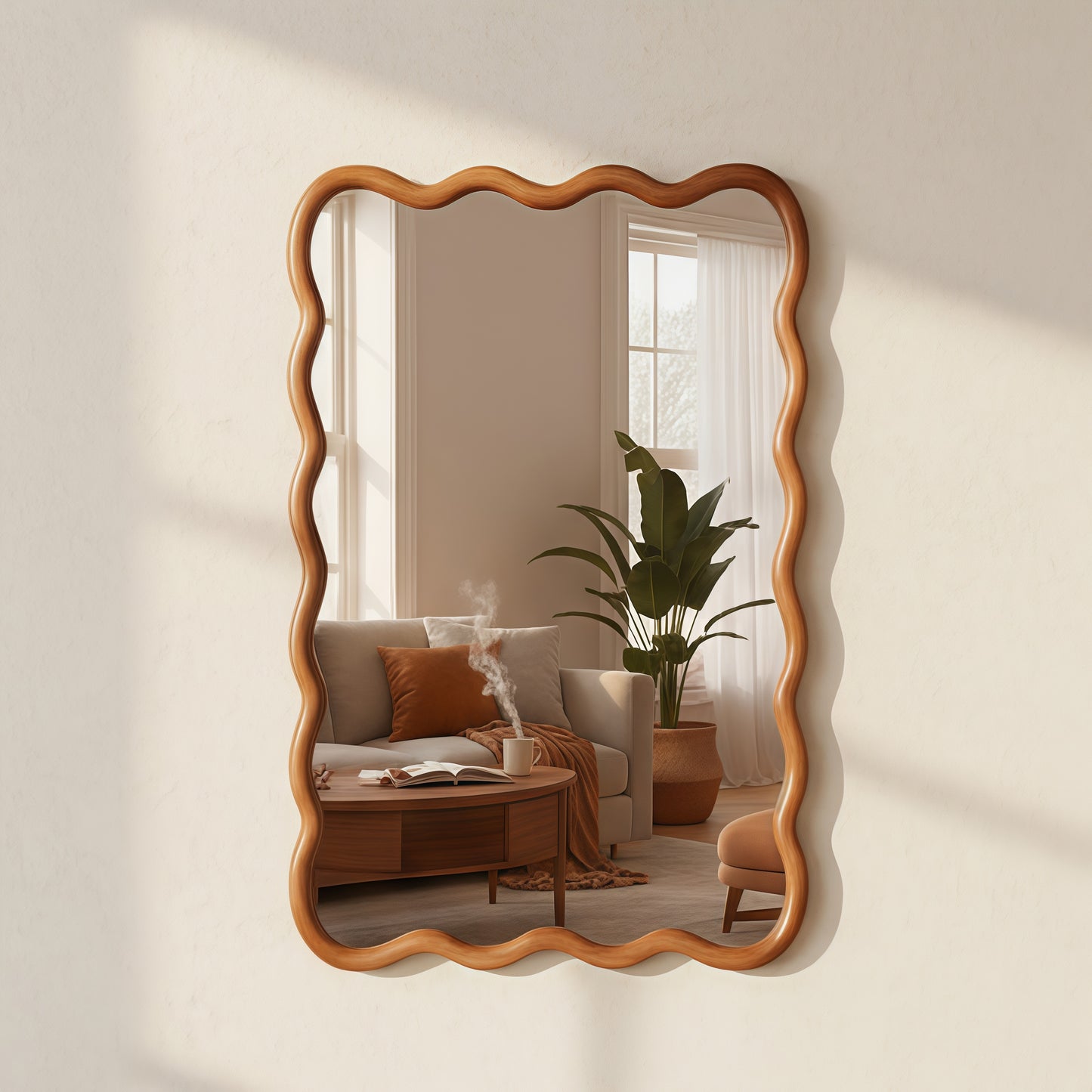 Wavy Rectangle Solid Wood Frame Decorative Mirror - Yellow Brown 24x36
