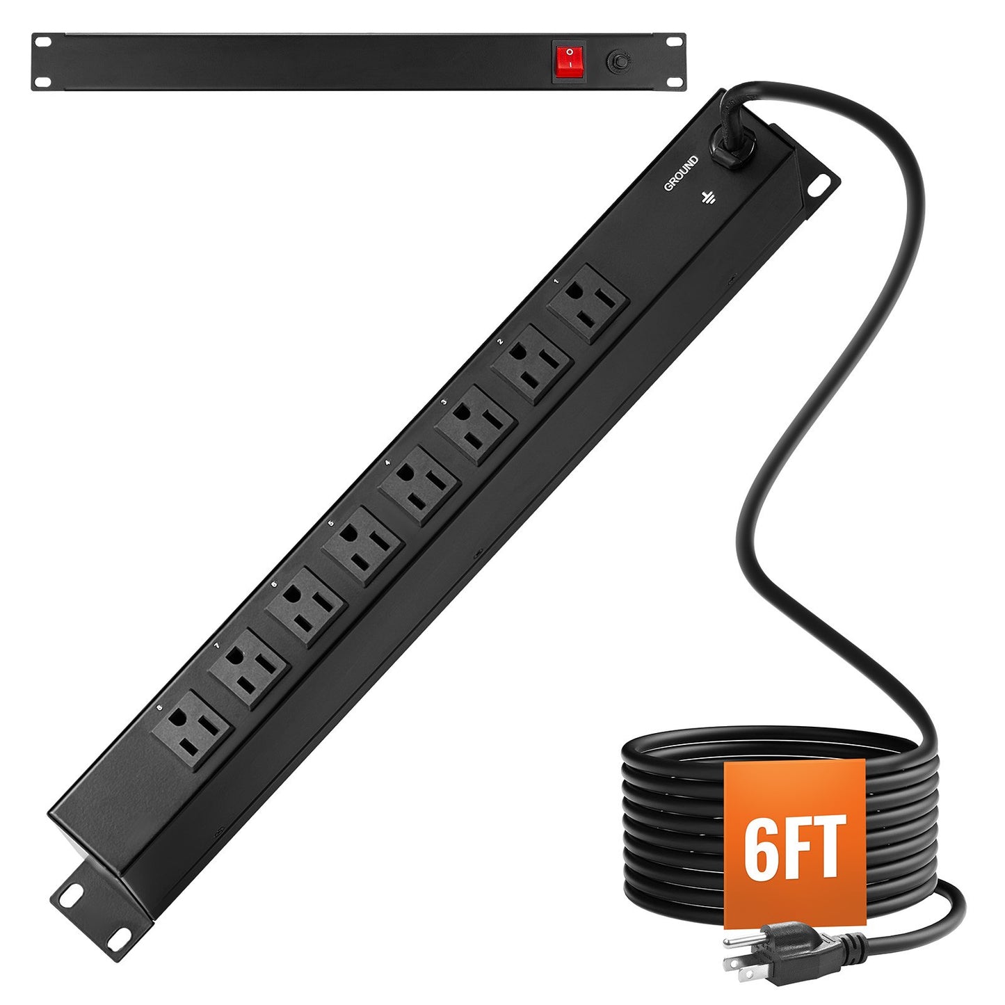 19 Inch Rack Mount Power Strip with 8 Outlets Surge Protector 15A Black