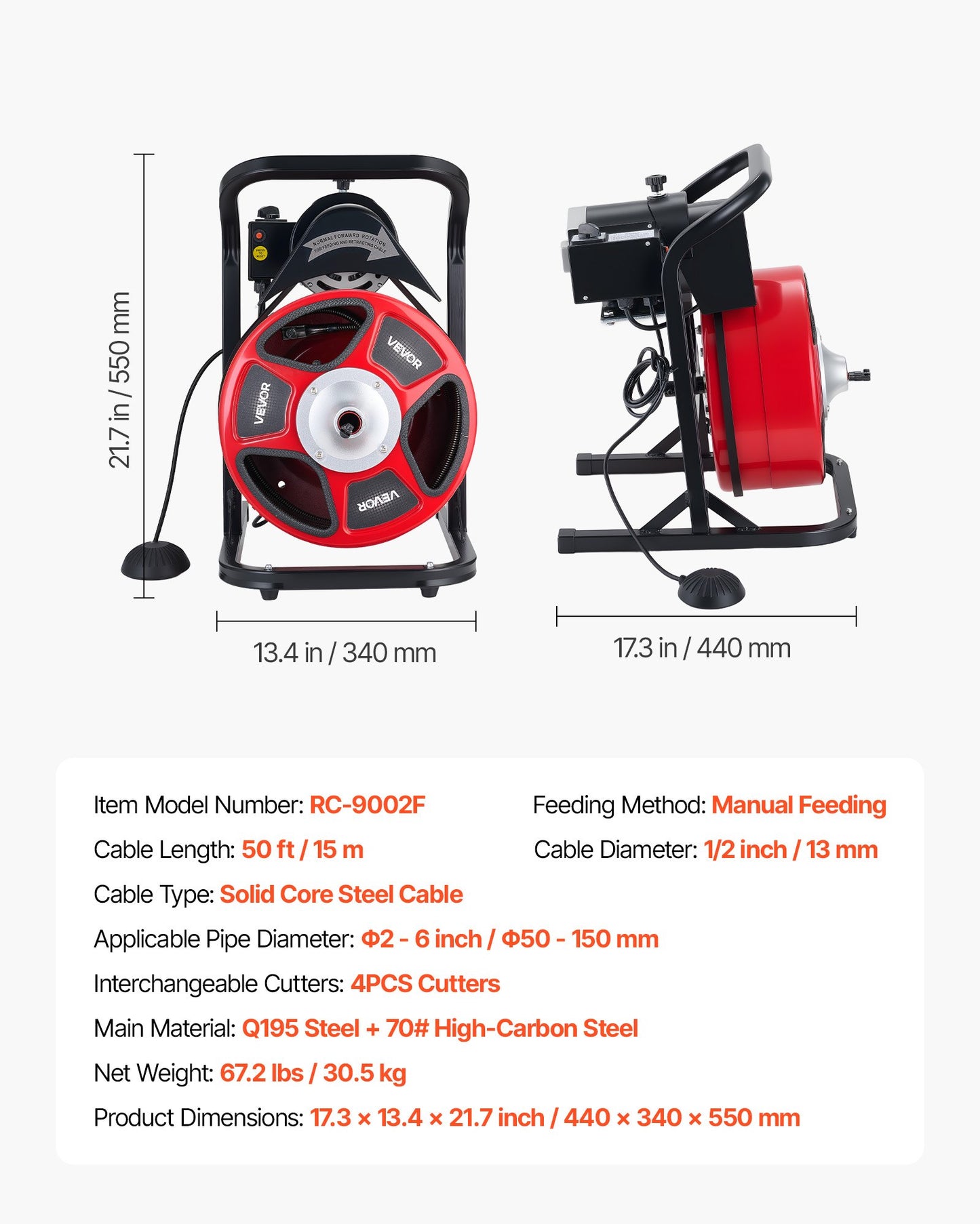 Drain Cleaner Machine 50 FT Sewer Snake Auger with 4 Cutters & Foot Switch