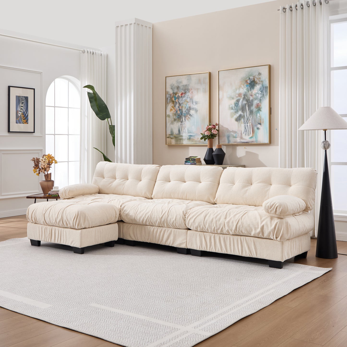 Modular Sectional Sofa - Oversized L-Shaped Couch with Ottoman - Beige