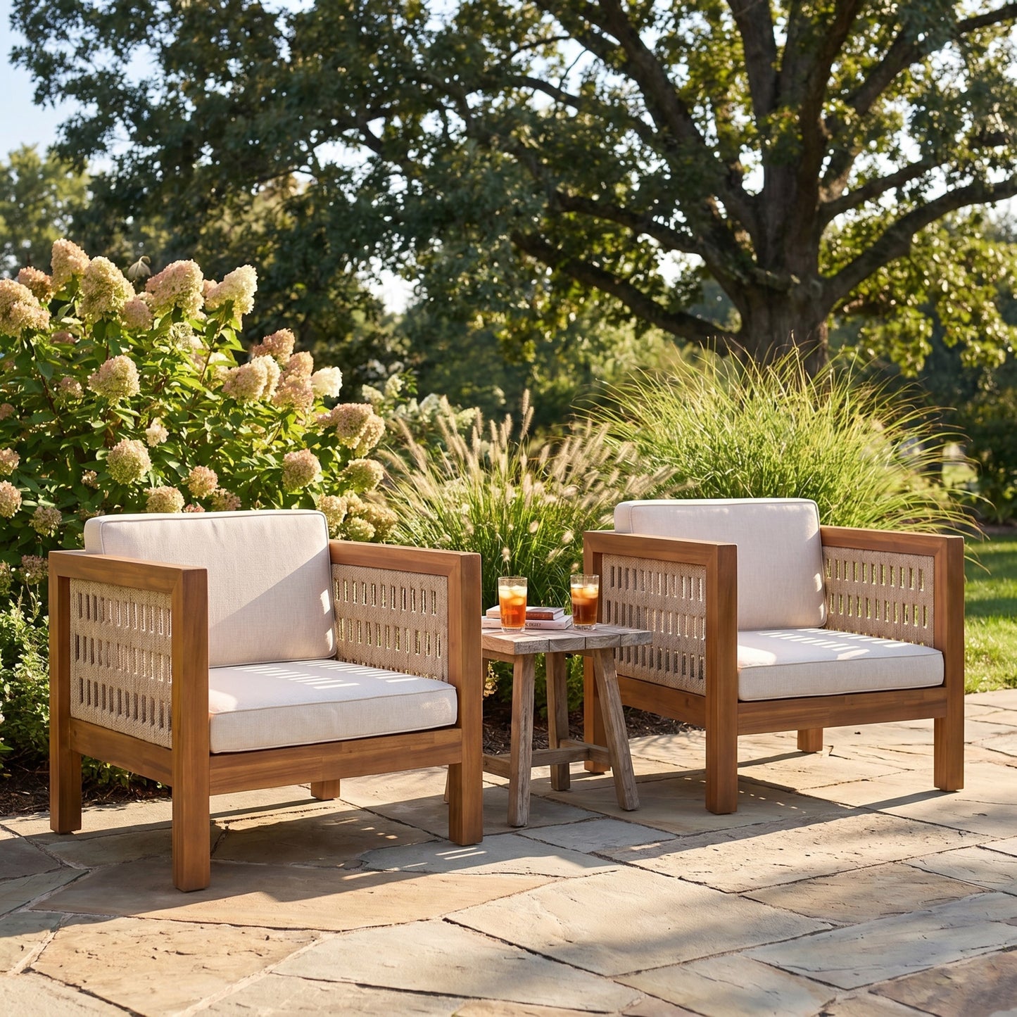 Outdoor Club Chair Set of 2 - Acacia Wood Frame, Beige Cushions