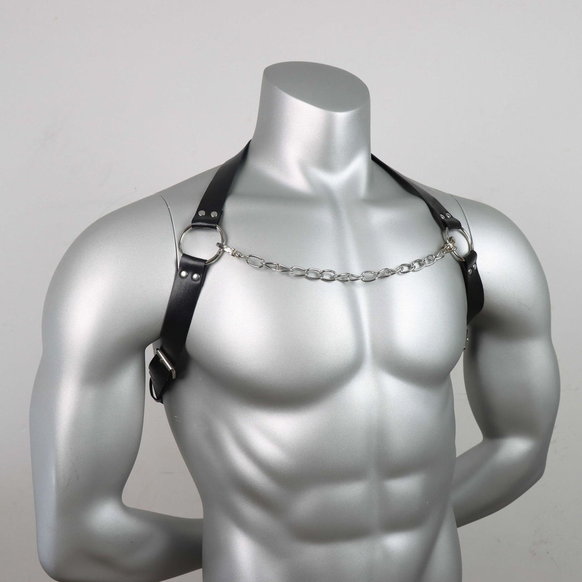 Men's Leather Chain Belt with Chest Strap - Punk Style Black Leather Accessory