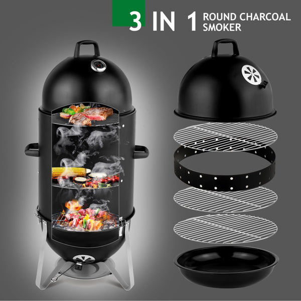 Heavy Duty Vertical Steel Charcoal Smoker - Multi-Layer Outdoor BBQ Grill