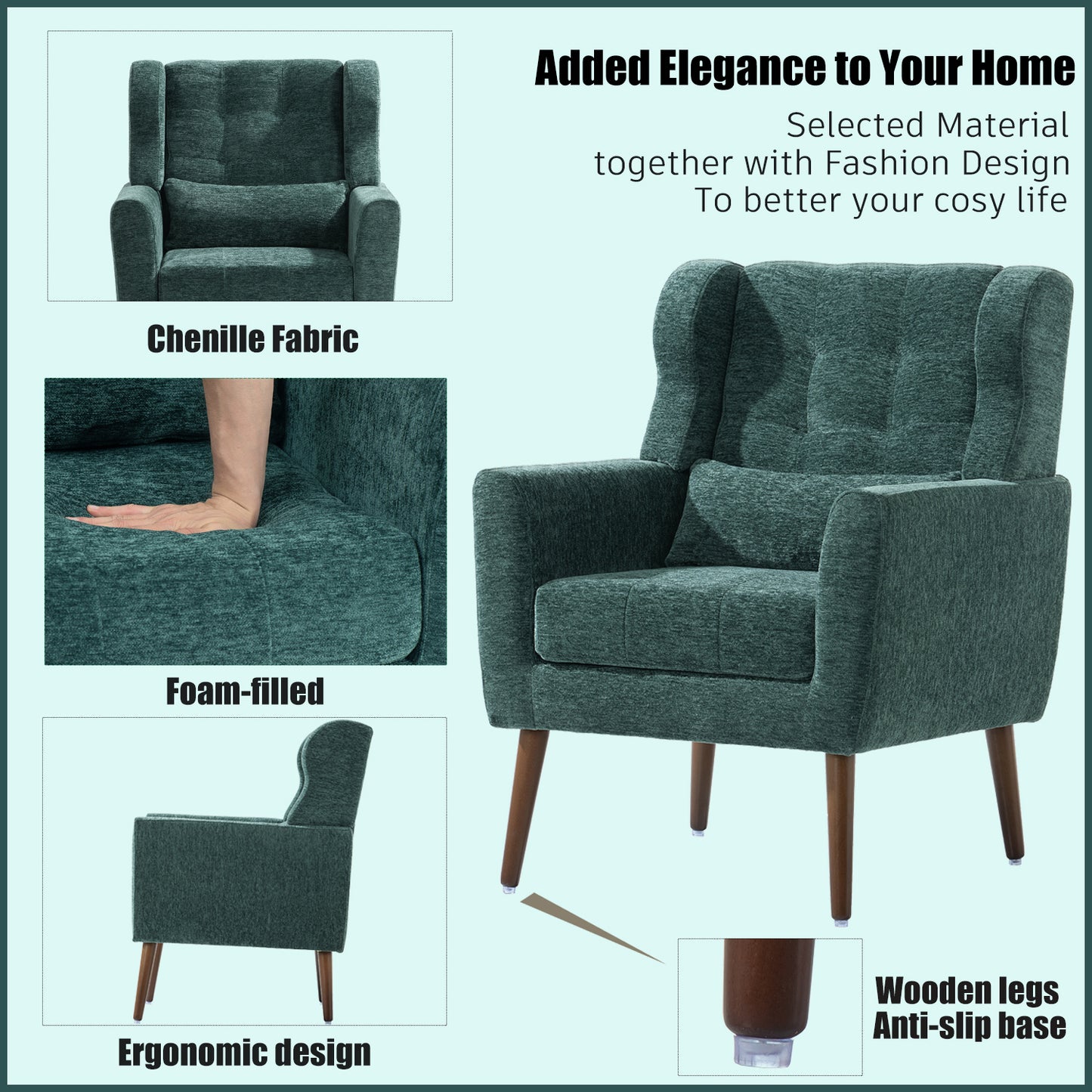 Modern Chenille Accent Chair with Pillow - Blackish Green