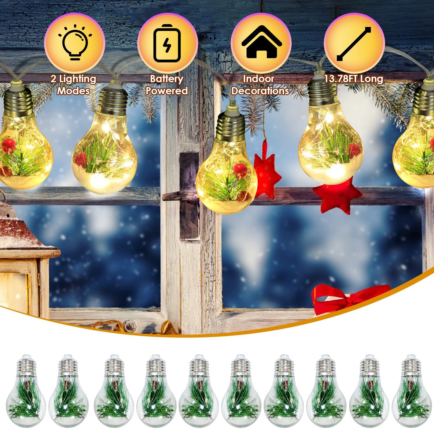 Warm White Christmas Snow Globe String Lights - 10 LED Bulbs, 13.78FT