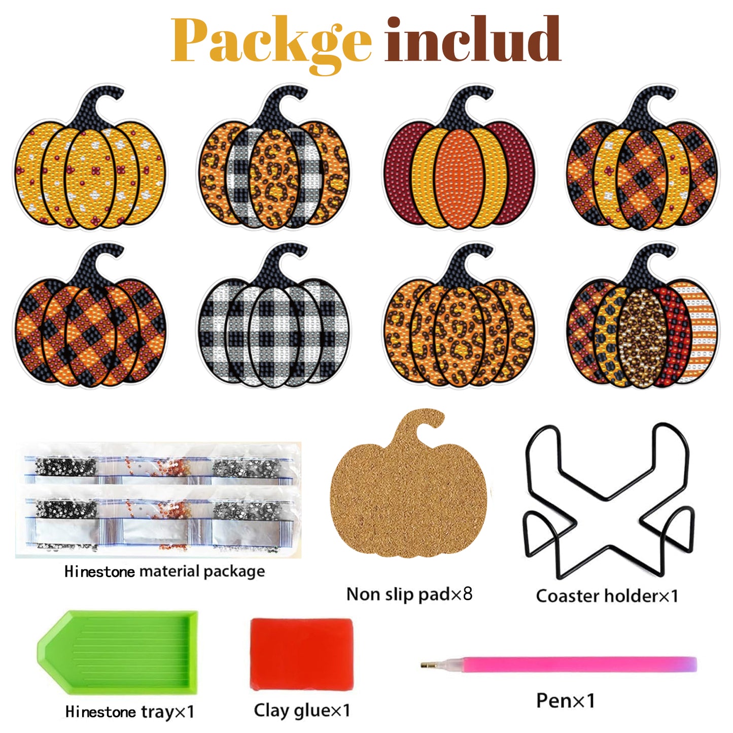8-Piece Fall Pumpkin Coaster Set - Multi-Color Acrylic