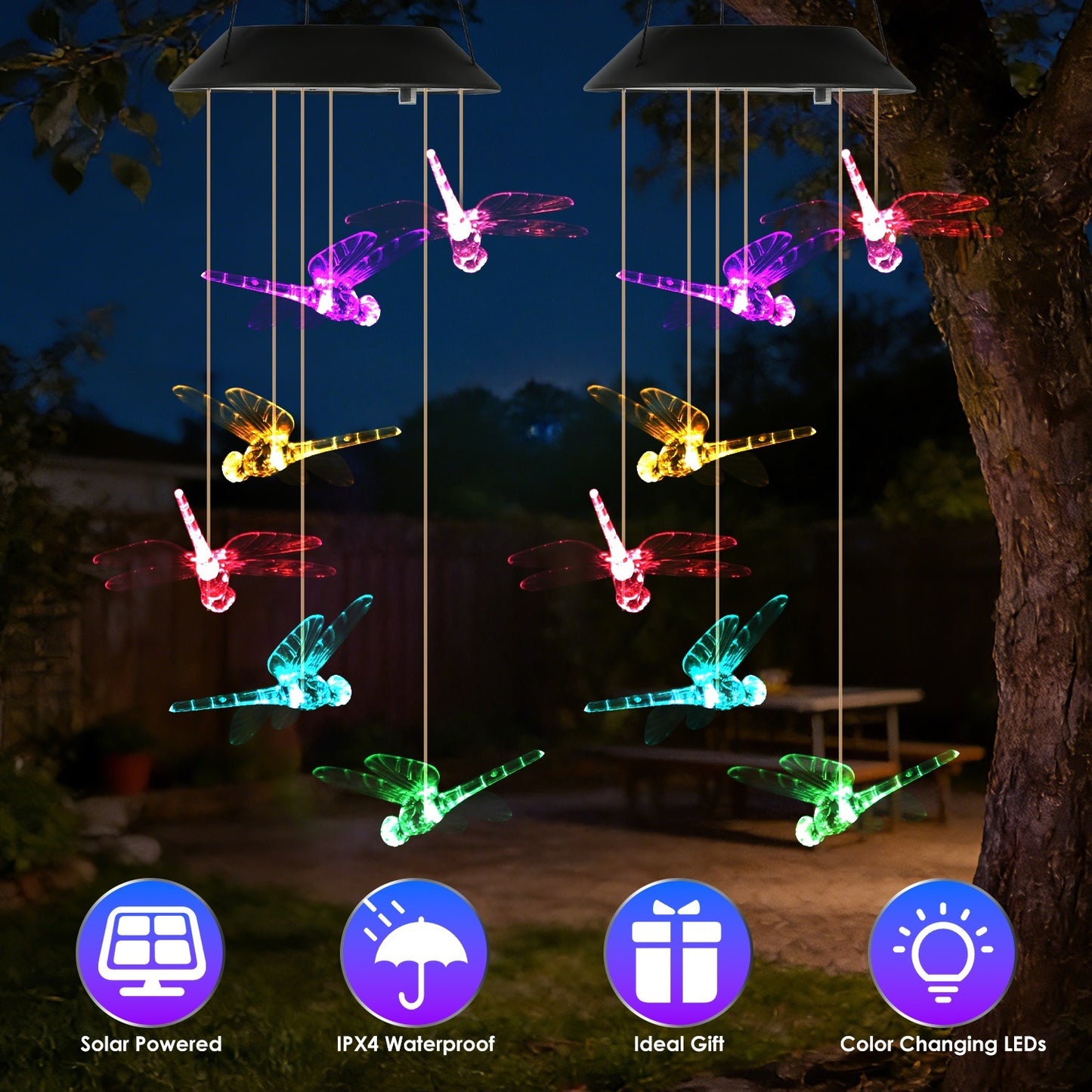 Solar Wind Chimes - 2 Pack Color Changing LED Dragonfly Lights