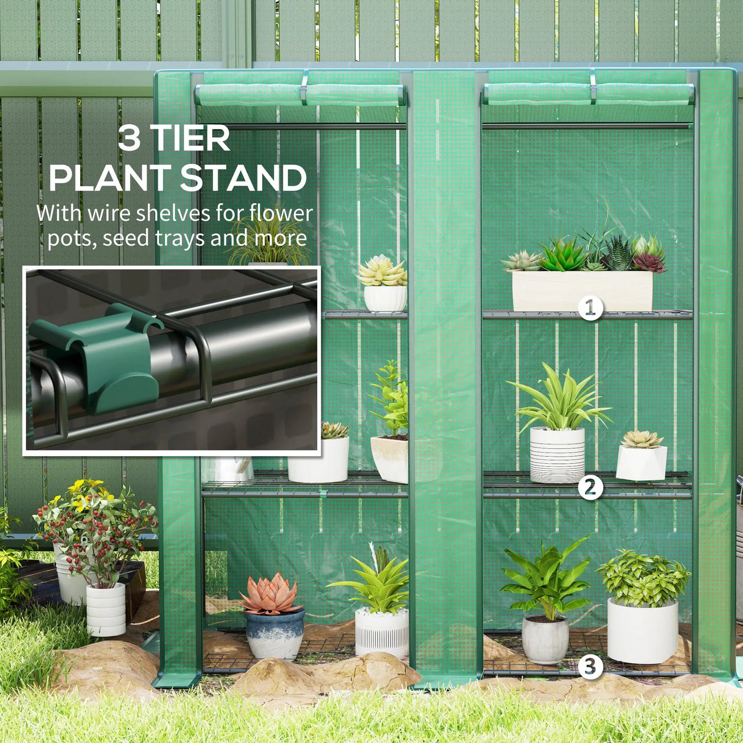 Portable Lean-To Greenhouse with Three-Tier Plant Shelf - Green