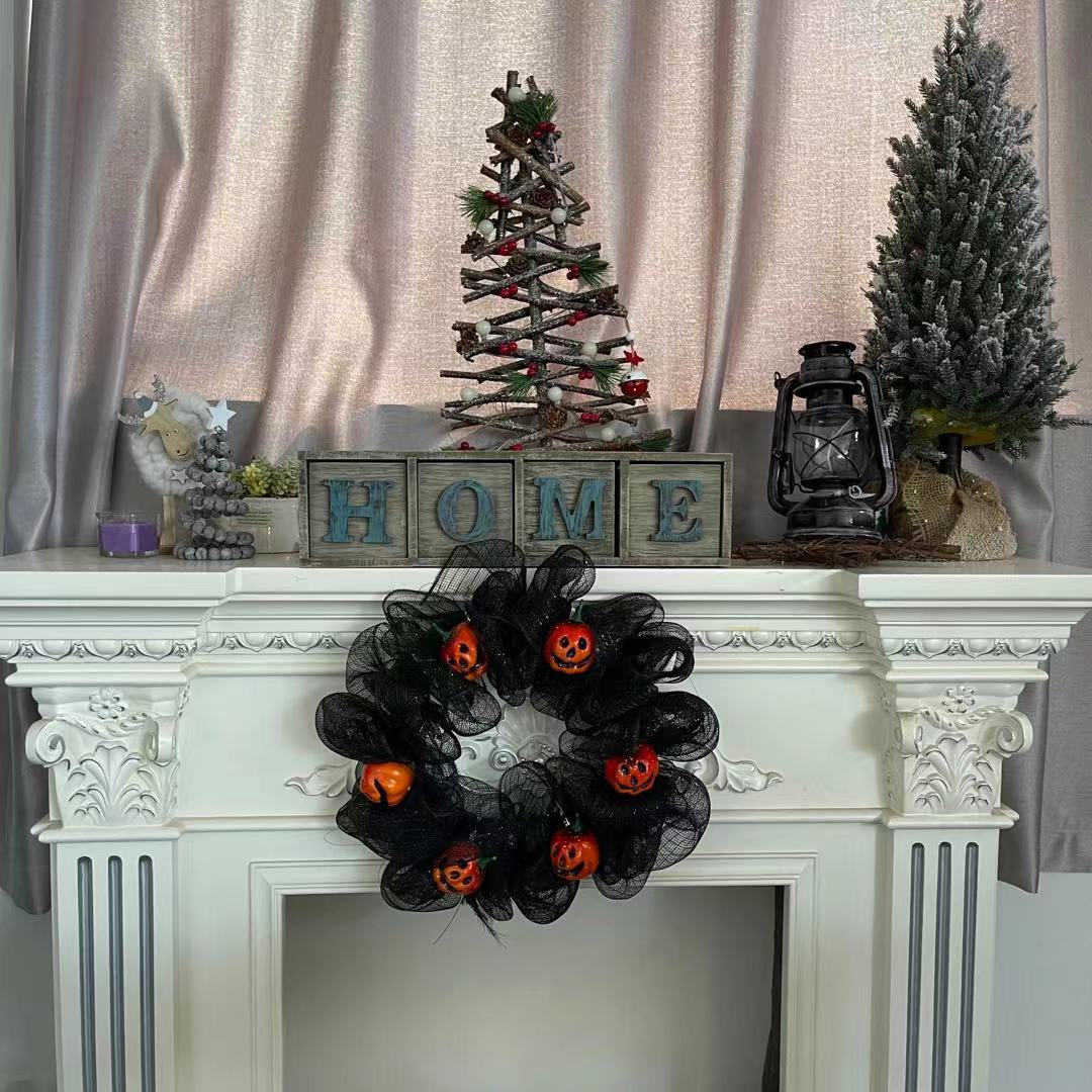 Black Pumpkin Mesh Garland Halloween Wreath Door Hanging 40cm