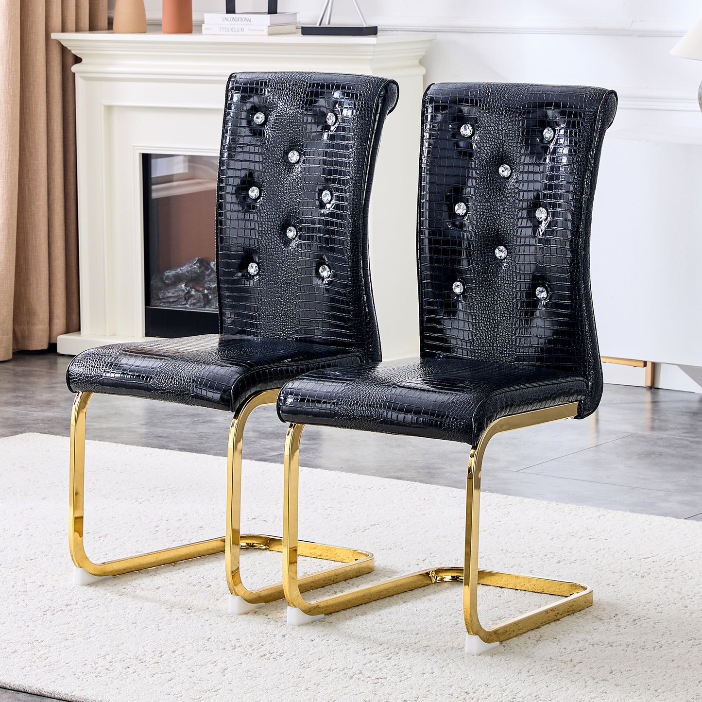 Set Of 2,Retro Alligator Skin Upholstered Dining Chairs,with Crystal