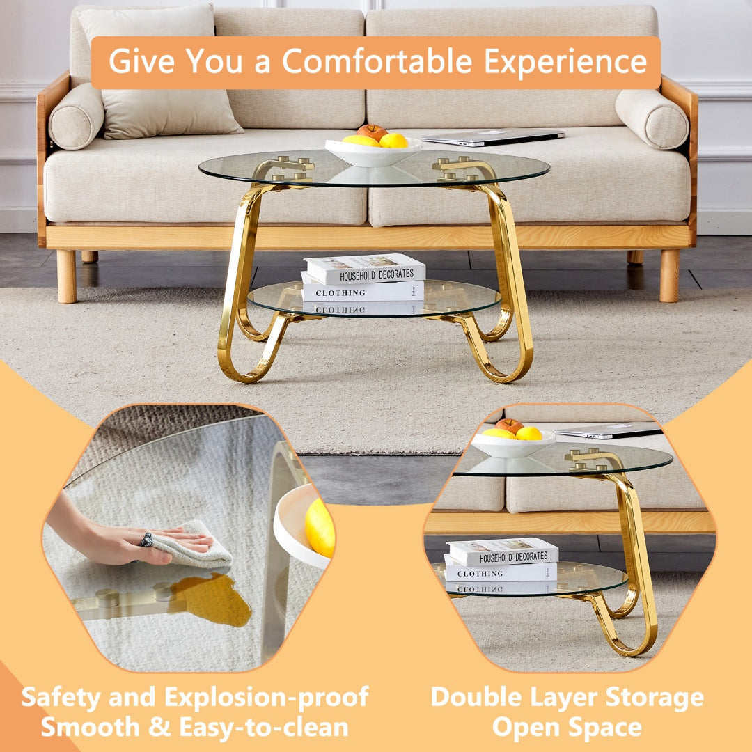 Retro Gold Metal Frame Double-Layer Glass Coffee Table - 31.5"