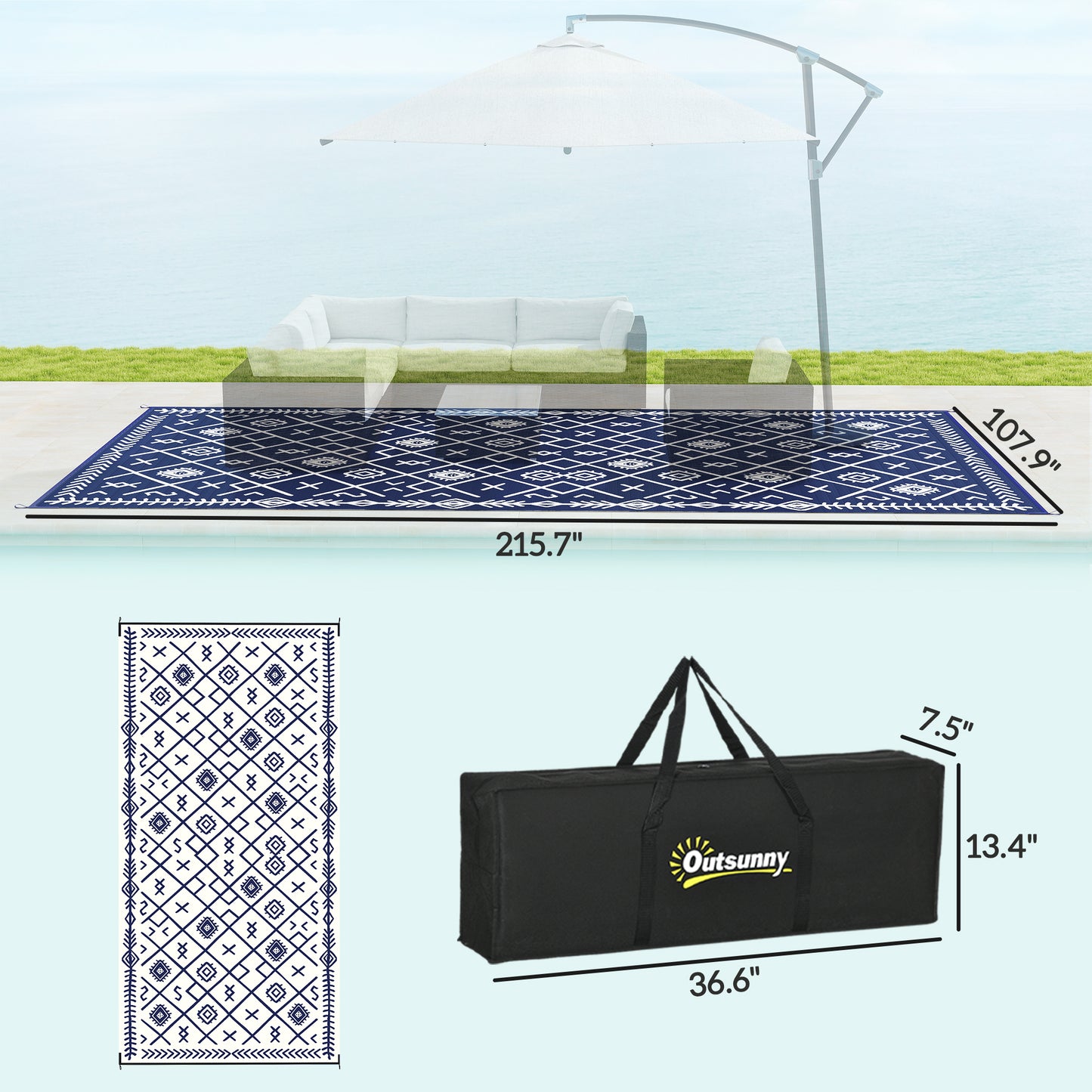 Reversible Outdoor Rug - Waterproof Plastic Straw, 9' x 18', Blue & White Rhombus