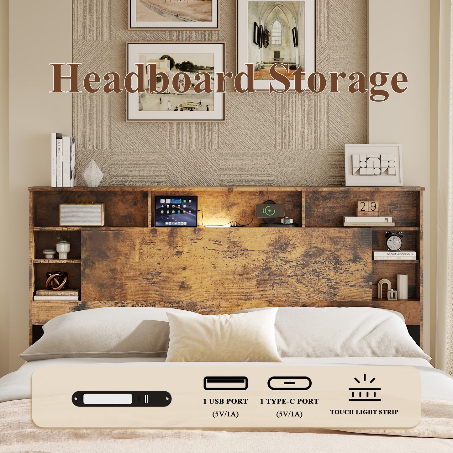 Queen Wood Platform Bed Frame with Bookcase Headboard & LED
