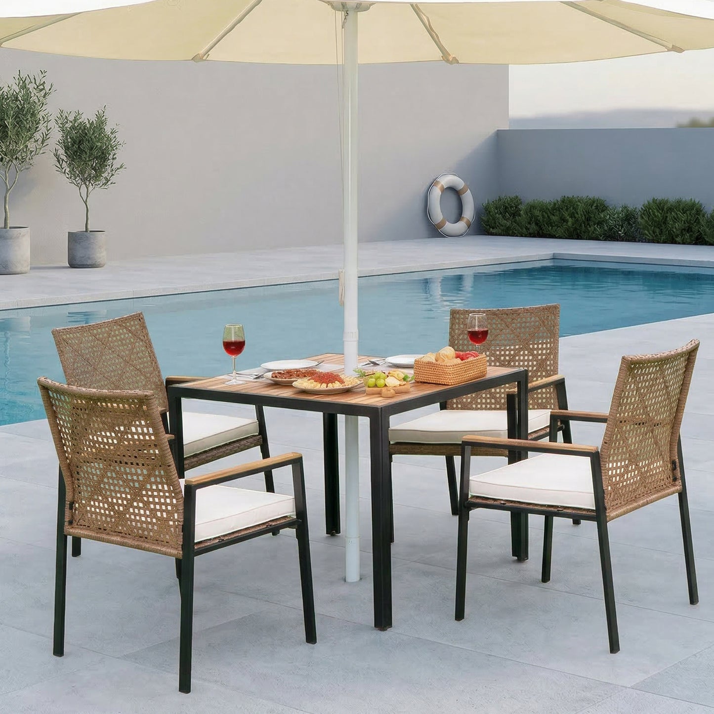 5-Piece Yellow Patio Dining Set with Acacia Wood Table & Umbrella Hole