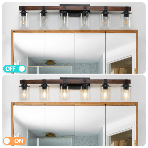 42 Inch Rustic 6-Light Farmhouse Vanity Wall Light with Glass Shades and Wood Accent