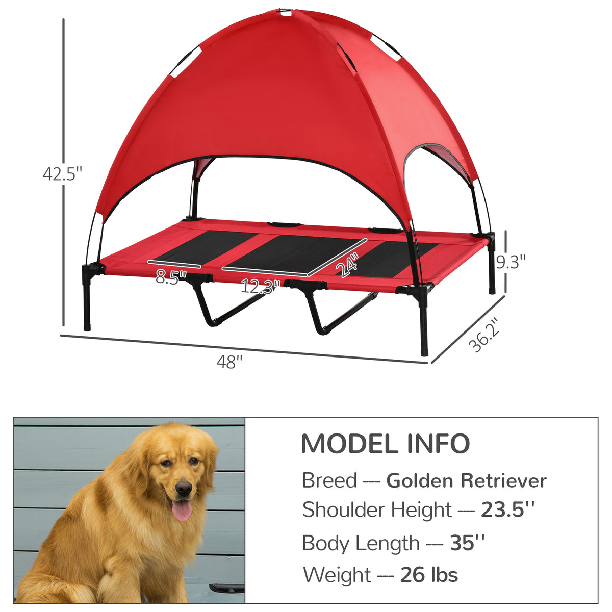 Elevated Portable Dog Bed with Canopy Shade - 48x36 Inch Cooling Pet Cot